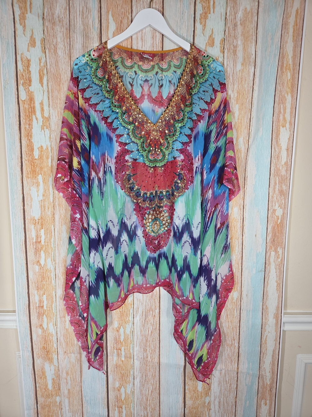 NWOT RANEES Sheer Camilla style Green mosaic boho print caftan tunic coverup S